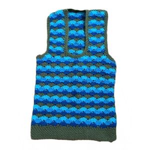 Vintage Handmade Crocheted Blue Army Green Sweater Vest